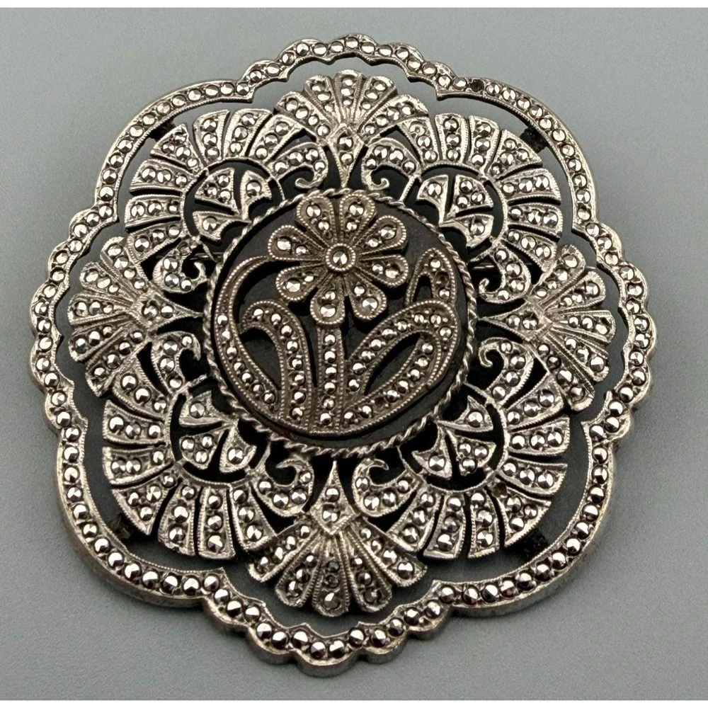Vintage Art Deco Brooch Sterling Silver Floral Marcasite Black Onyx Center READ